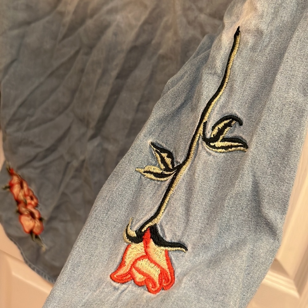 Zara Premium Denim Distressed Floral Embroidery Button-Up